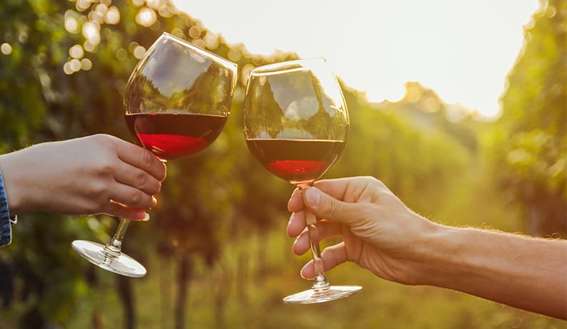 Two people cheering two glasses of red wine